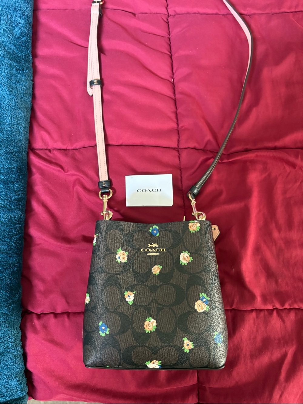 Coach Floral Print Signature Crossbody Bag - Brown/Pink